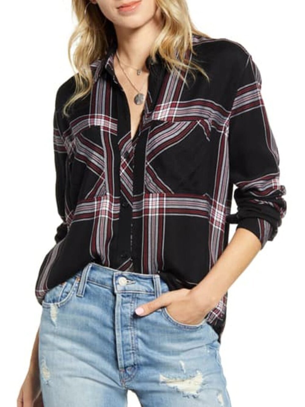 RAILS Dylan Jet White Ruby Black Plaid Rayon Twill Button Up Blouse Top, Size M